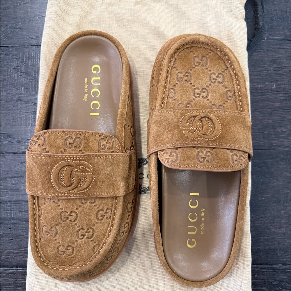 GG Celia Suede Tan Camel Suede Slip-On Shoes Mules 38